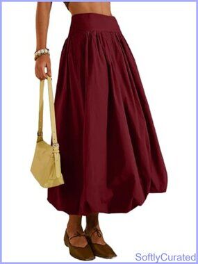Pleated Bubble Hem Maxi Skirt with Pockets Flowy A-Line Ruffle Long Skirt